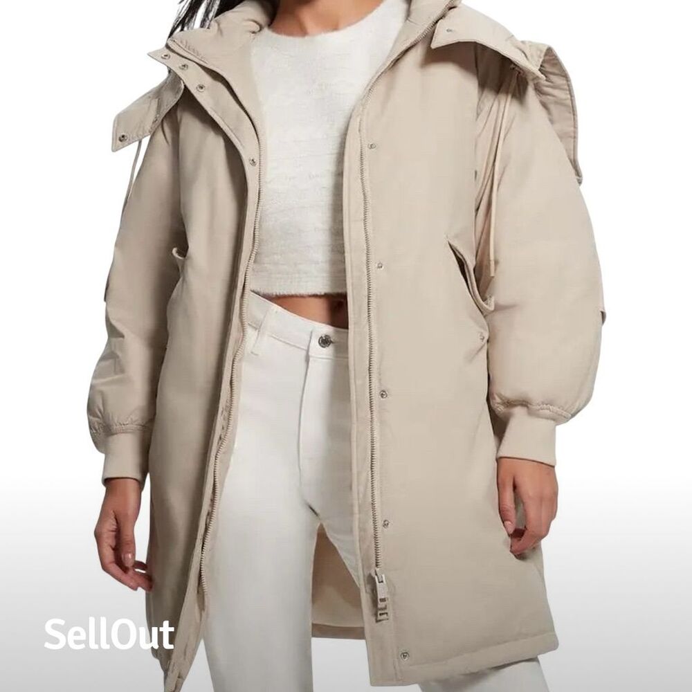 Guess Women's‎ Hooded Puffer Jacket Beige Size M Mid-Length Winter Coat